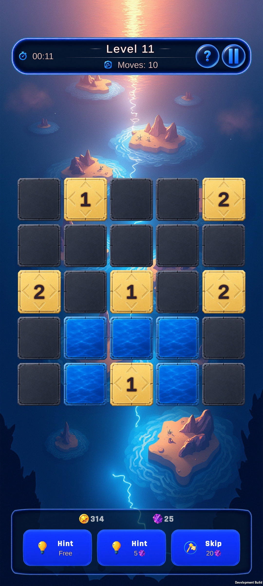Island Grid puzzle on a numbered board over a coastal landscape