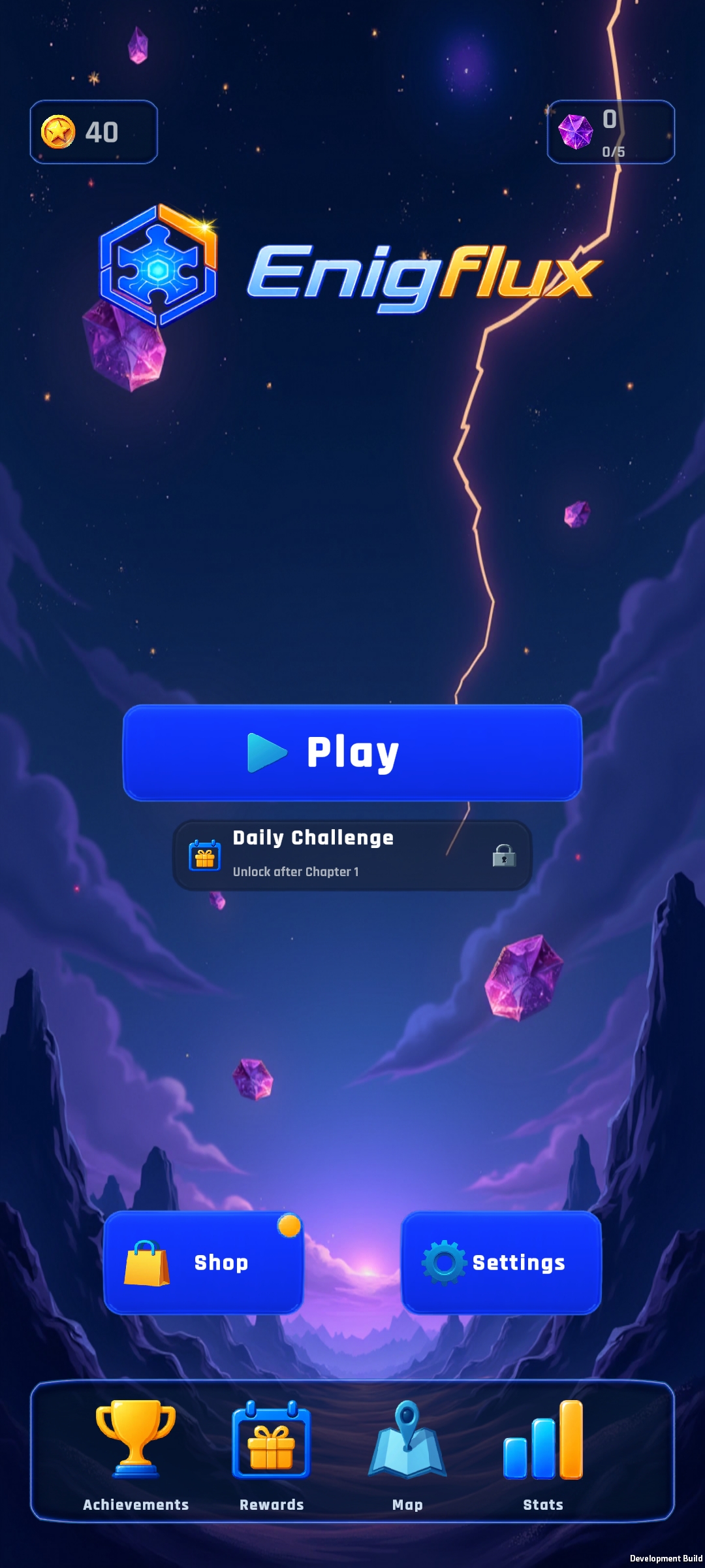Enigflux home hub with Play, Daily Challenge, Shop, and Rewards