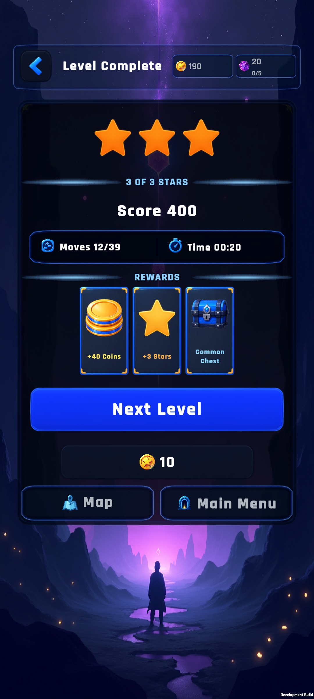 Level complete screen with three stars, score, and rewards