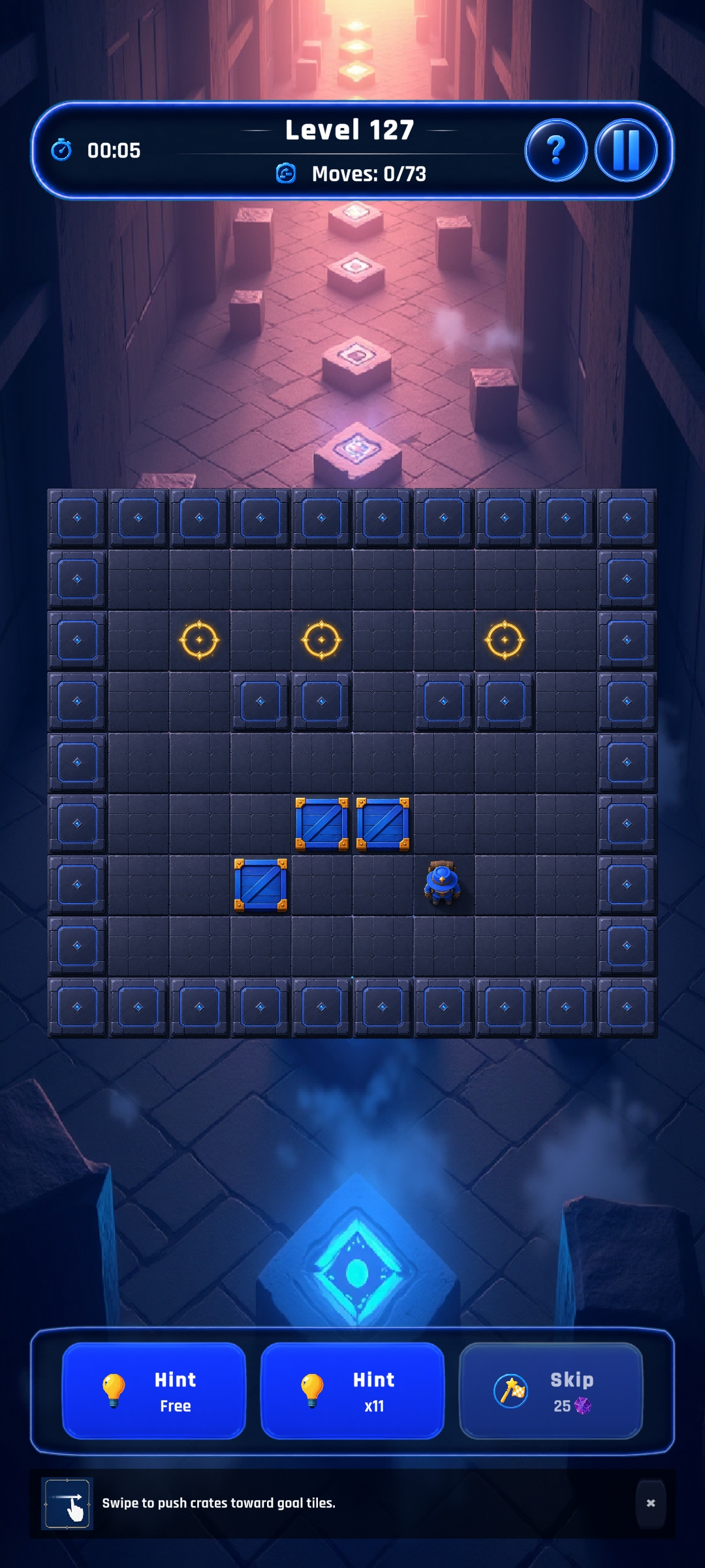 Crate Shift logic puzzle gameplay in Enigflux with crates and goal tiles